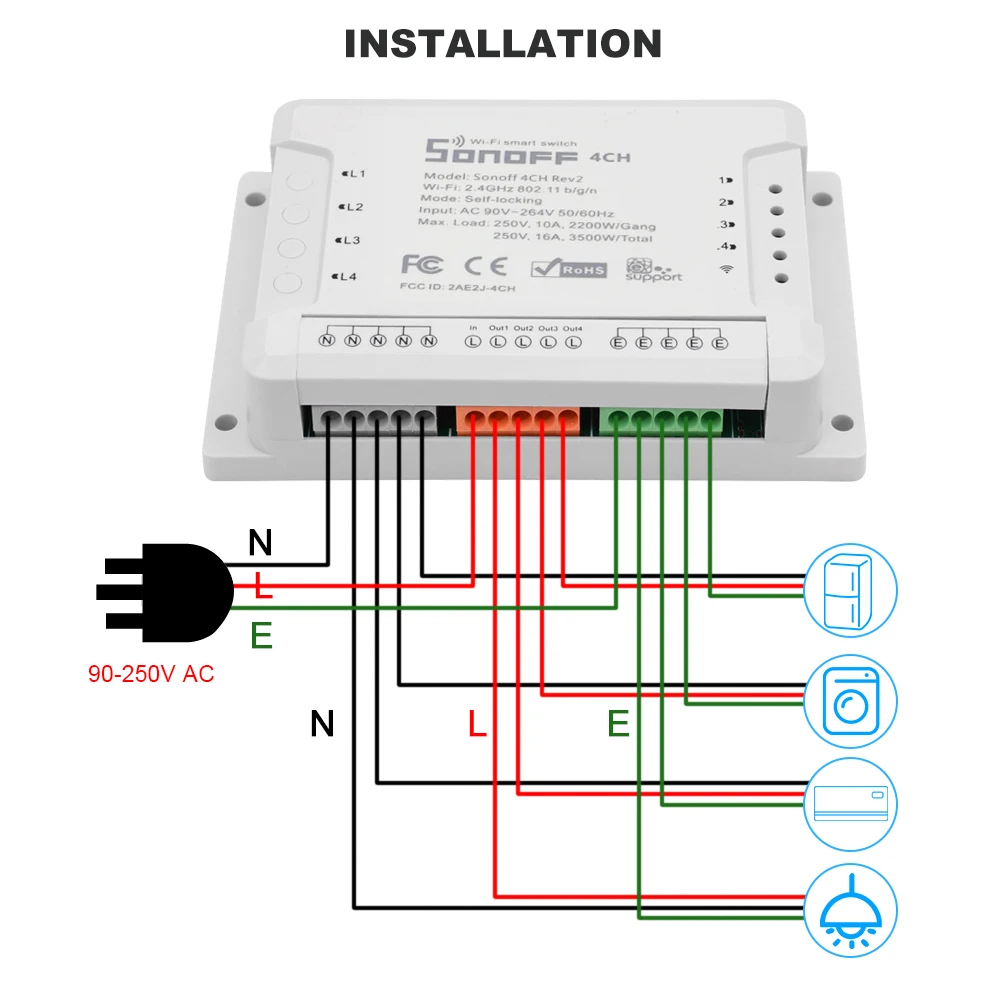 Sonoff 4CH R-2 ITEAD 10 А/банда 4 канала Wifi смарт-коммутатор 433 МГц РЧ пульт Wifi освещение 4 устройства для Alexa Google Home