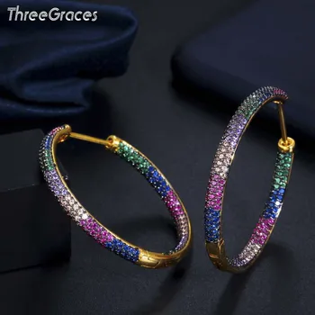 Micro Pave Colorful CZ Stones Black Gold Color Big Circle Round Hoop Earrings