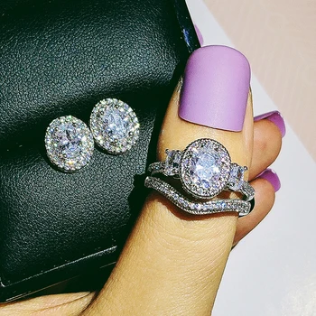 

925 Sterling Silver Jewelry set halo Engagement ring round stud earring for Wedding Valentine's Day gift Christmas J5574
