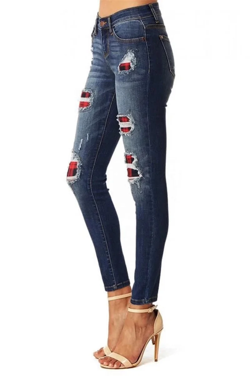Koop Usa Vrouwen Ripped Elastische Jeans Stijlvolle Spanje Strecth Full Potlood Plaid Jeans Vrouwen Winter Pop Lady Hoge Taille Gat Broek
