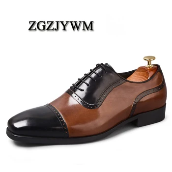 

ZGZJYWM High Quality Fashion Spring/Autumn Genuine Leather Flat Patchwork Oxford Lace-Up Dress Wedding Shoes For Men 38-46