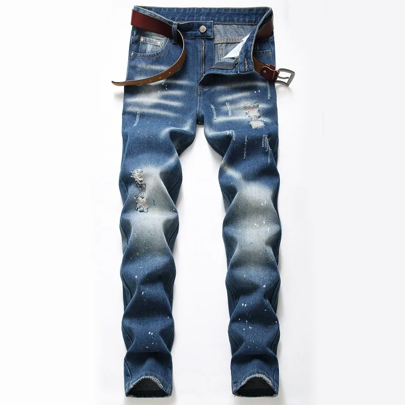Blue Ripped Jeans Pants Streetwear Fashion Splash Ink Men Jeans Straight Slim Fit Casual Hole Jeans Brand Men S Denim Trousers Jeans Aliexpress