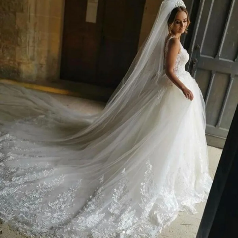 Дубай Свадебные платья Аппликация Vestido de noiva Белые Свадебные платья Тюль Линия V образным вырезом robe de mairee Saudi арабский свадебное платье