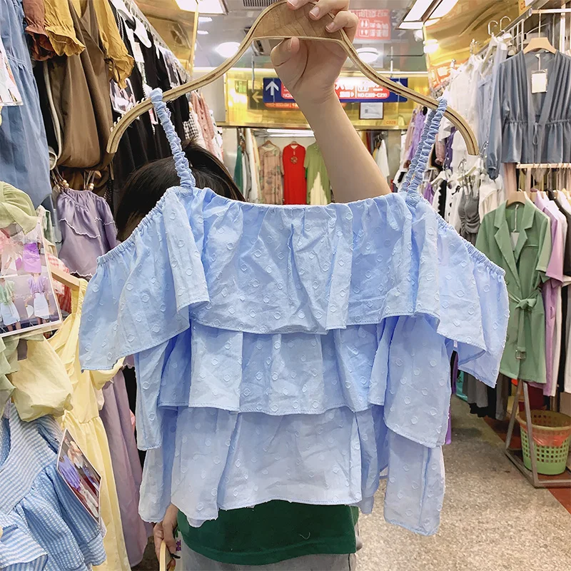 

Sleeveless Shirt for Woman 2020 Summer New Sweet Solid Color Girl's Shirt Loose Ruffles Sexy Off Shoulder Strap Chiffon Blouse