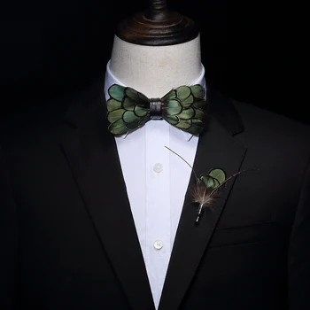 

New Free Shipping fashion Men's male Handmade feather bow tie set green piece flash high-end expensive wedding banquet nightclub