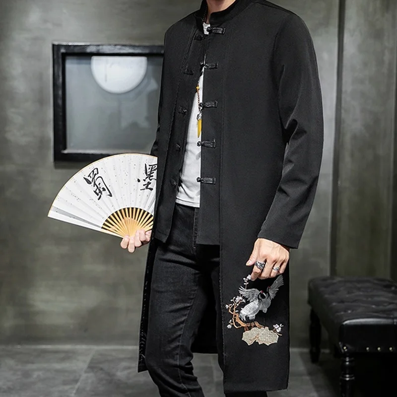 Chinese Style Long Windbreaker Jacket Men Streetwear Oriental Clothes Men Hip Hop Chinese Mandarin Jacket Coat KK3150
