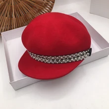 Праздничная красная шерсть бенмингнян? Восьмиугольная кепка элегантный жемчуг хан издание Кепка берет шляпа женская мода