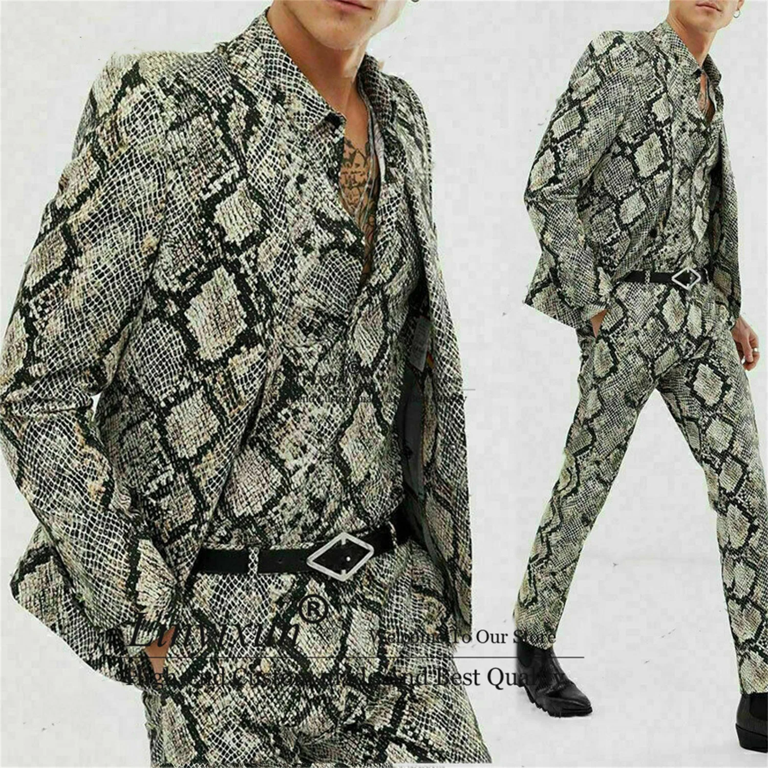 Snake Printed Men Suits Slim Fit Club Bar Wear Best Man Blazer Smoking Business Fashion 2 Peieces Set Customized Groomsman Suits 3