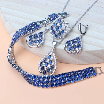 

925 Sterling Silver Women Bridal Jewelry Sets Wedding Costume Blue Zircon Necklace Set Bracelet Rings Earring Pendant Jewelry