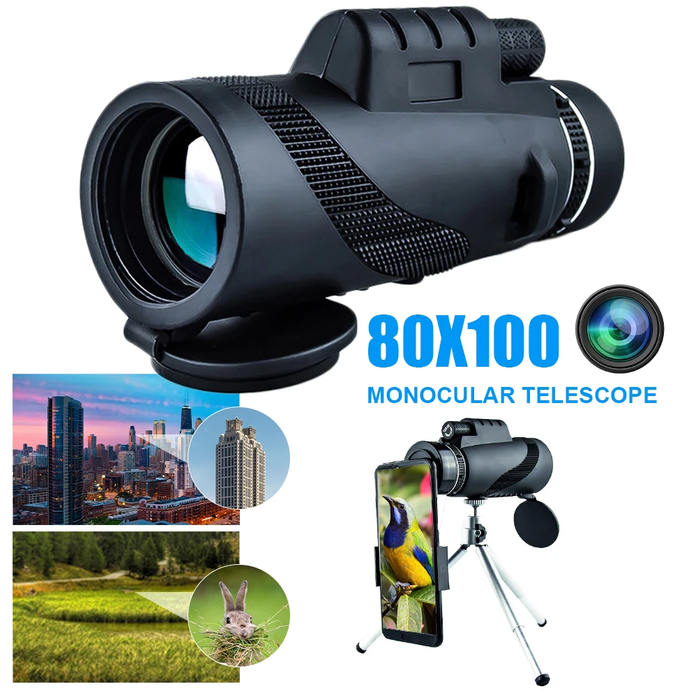 

80x100 HD Monocular Telescope Zoom Tripod Portable Monocular Telescope Day/Night Vision Camping Phone Clip Outdoor Telescope