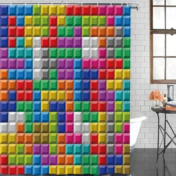 

Colorful Square Lattice Waterproof Fabric Shower Curtain Home Decoration Shower Curtains Bathroom Curtain &12 Hook