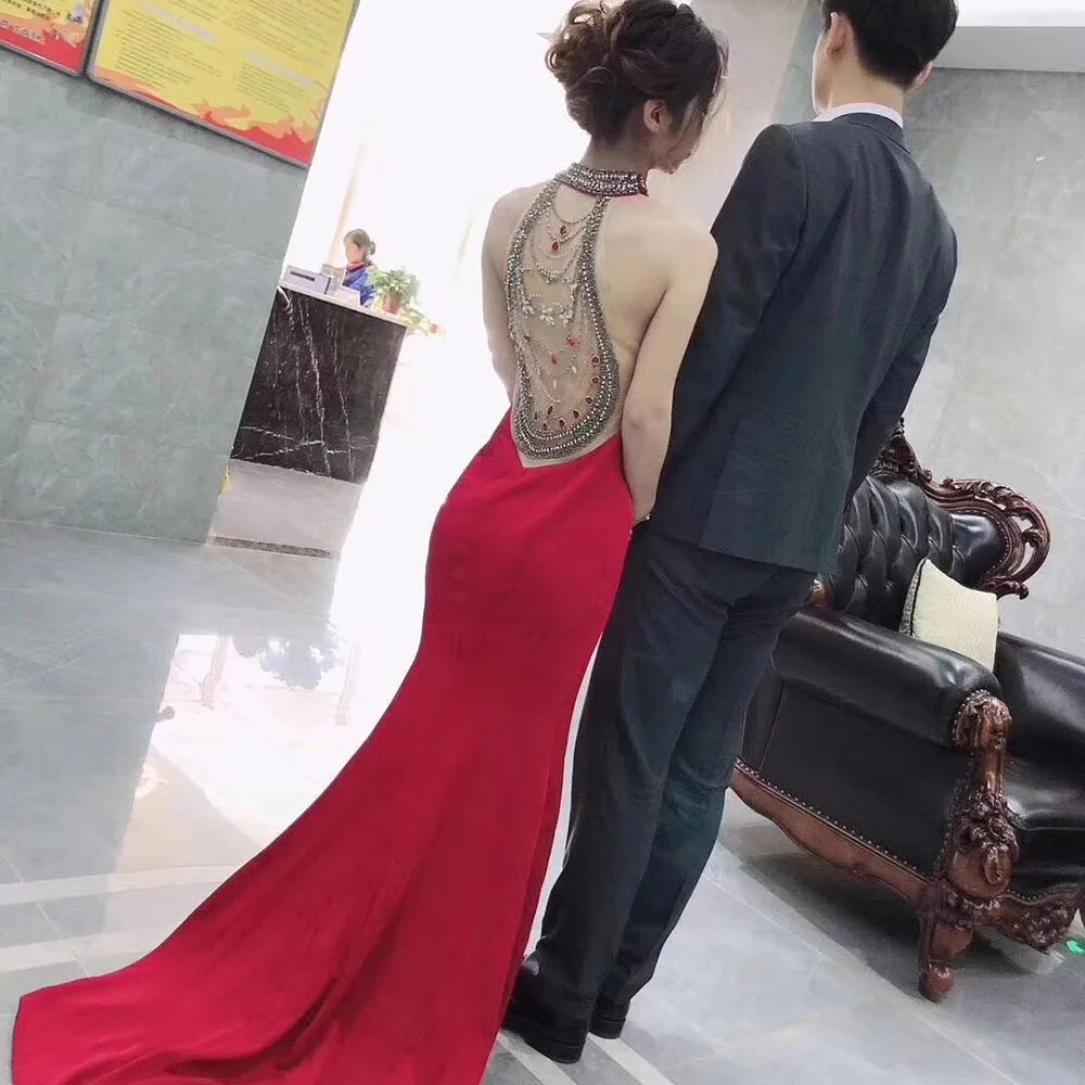 

Formal Evening Dress Red Sexy Trumpet Beaded Back Gowns For Women