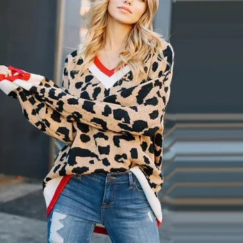 

2019 Knitted Sweater Women Leopard Print Sexy V-neck Pullovers Fashion Streetwear Long Sleeve Jumper Female Knit Sweaters