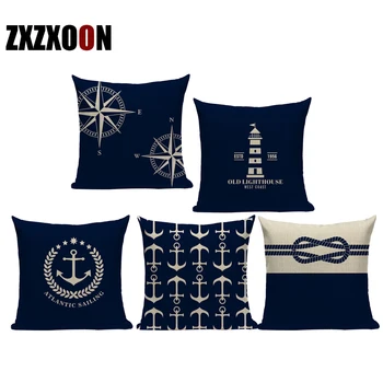 

Geometric Throw Pillows Case Blue Ocean Navigation Anchor Lighthouse Cotton Linen Sofa Cushion Cover for Home Decor Almofadas
