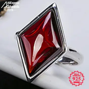 

S925 Fine Antique shop Ruby Rings Women Handmade diamond-shaped Vintage Natural Carnelian Retro Ruby red jasper Agate