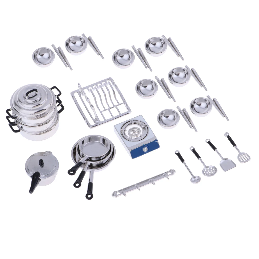 1:12 Dollhouse Miniature Metal Pots and Pans & Tableware Set Kids DIY Accessories
