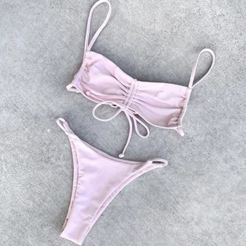

AliExpress Amazon 2019 foreign trade new split bikini female sense solid color low waist strap swimsuit swimsuit