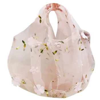 

Girl Compact Transparent Tote Bag Mesh Bag Daisy Embroidered Women's Tote Bag High Quality Eco Fruit Bag Pink