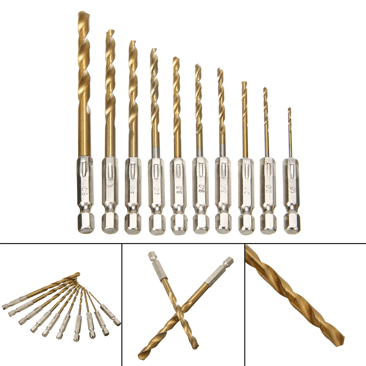 

10Pcs Twist Drill Bit 25mm~60mm HSS Drill Bit Set Cordless Screwdriver HSS-Titan Hexagonal Power Drilling Tools
