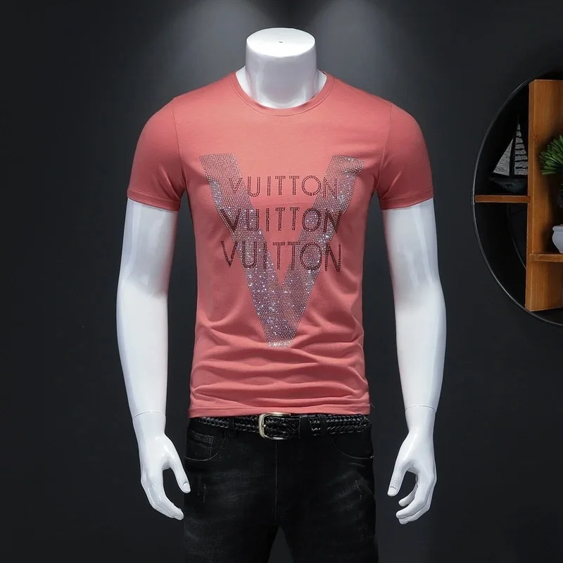 

New T-Shirt Men's Rhinestone Letter Design Breathable Pure Cotton High Quality Top O-Neck Short Sleeve Trend Casual Fashion Tees