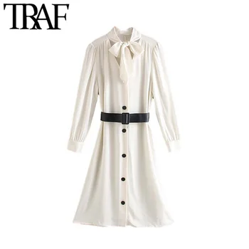 

TRAF Women Vintage Elegant Office Lady With Belt Buttoned Knee Dress Fashion Bow Tie Collar Long Sleeve Female Dress Vestidos