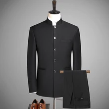 Блейзер+ брюки) китайский стиль туника костюм 2 комплекта высокого класса на заказ черный костюм XL стоястоящий воротник для костюма мужской деловой джентльмен