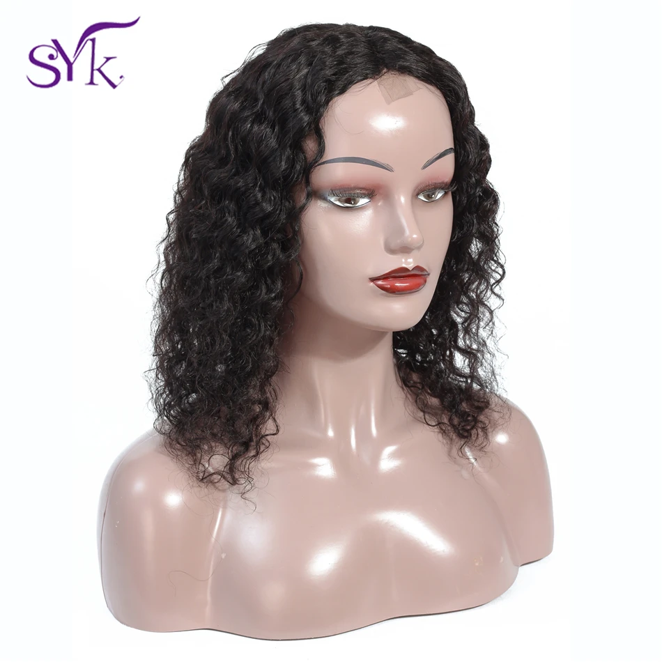 SYK волосы 4 × 1 закрытие шнурка глубокая волна человеческих волос парики бразильские короткие парики из человеческих волос Средняя часть закрытие парик регулируемый размер