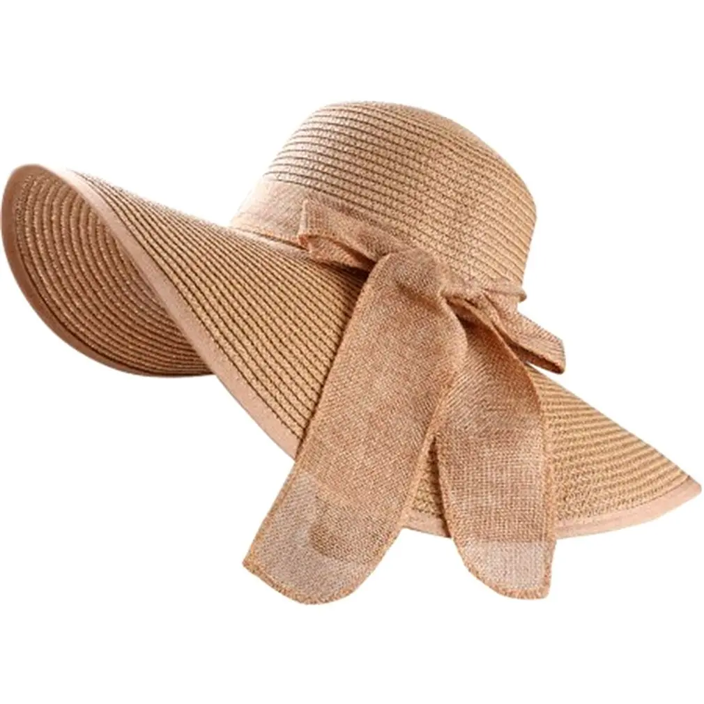 

Women Lady Female Summer Derby Cap Wide Big Brim Floppy Beach Hat Bow-Knot Straw Weaving Fold Bohemia Bowknot Sun Hats /HAT001