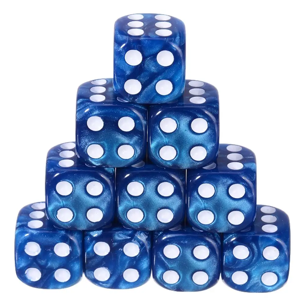 Blue Горячая 10 шт 6 сторонних игральных костей 16 мм Красочные игральные кости Круглый угол жемчужный драгоценный камень Набор кубиков игральные настольные игры развлечения - Цвет: Blue