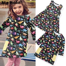 Новое модное платье для девочек Хлопковое платье без рукавов с длинными рукавами и рисунком динозавра популярный уличный стиль