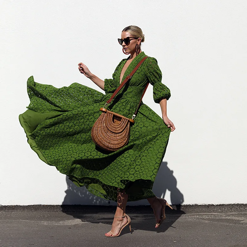 Мексиканское платье Бохо хиппи шикарное кружевное пэтчворк полое круглое зеленое платье женское сексуальное с v-образным вырезом 1/2 рукав макси платье
