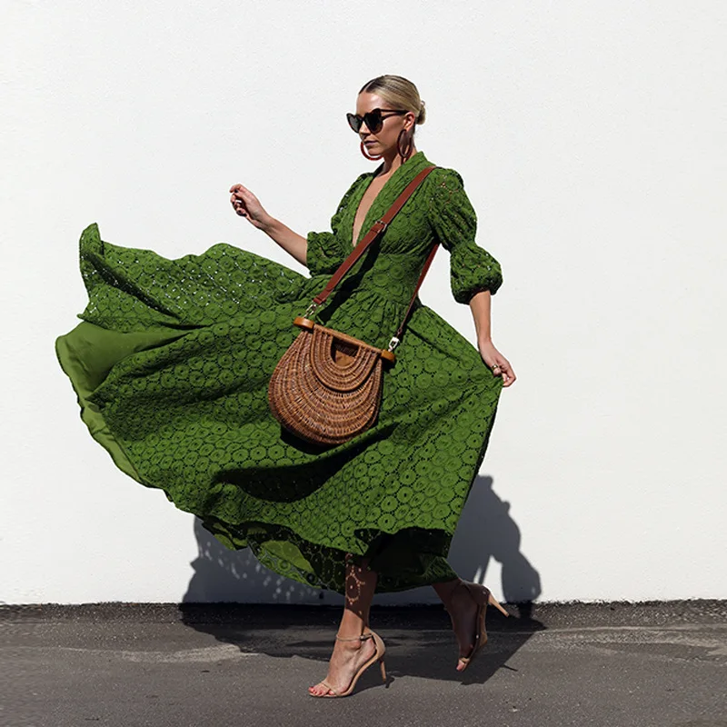 

mexican dress 2019 boho hippie chic lace patchwork hollow circular pattern green dress Women sexy v neck 1/2 sleeve maxi dress