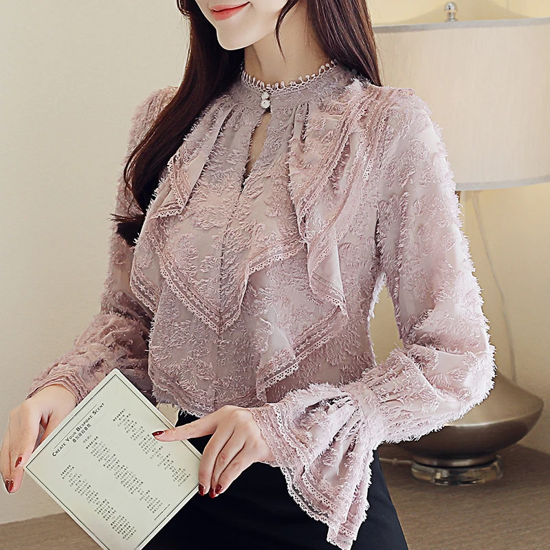 

autumn long sleeve women shirts fashion womens clothing blouses women 2019 elegant solid pink lace blouse women tops female B749