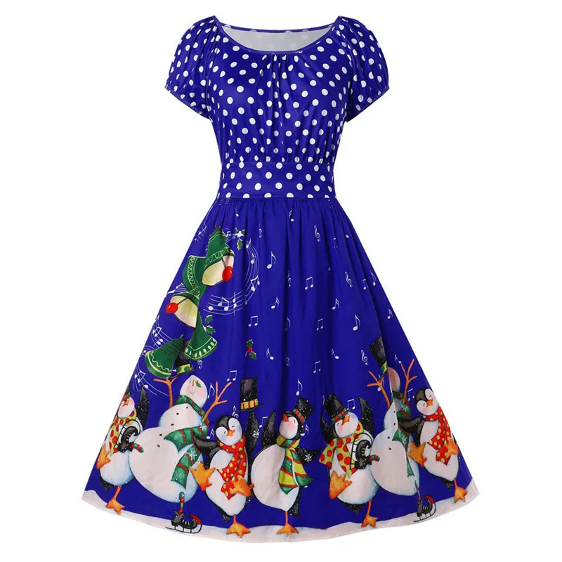 Вечернее платье vestidos с принтом пингвина, в горошек, с круглым вырезом, с коротким рукавом, рождественские платья для женщин, винтажная Мода для девушек размера плюс Verano Robe - Цвет: Blue