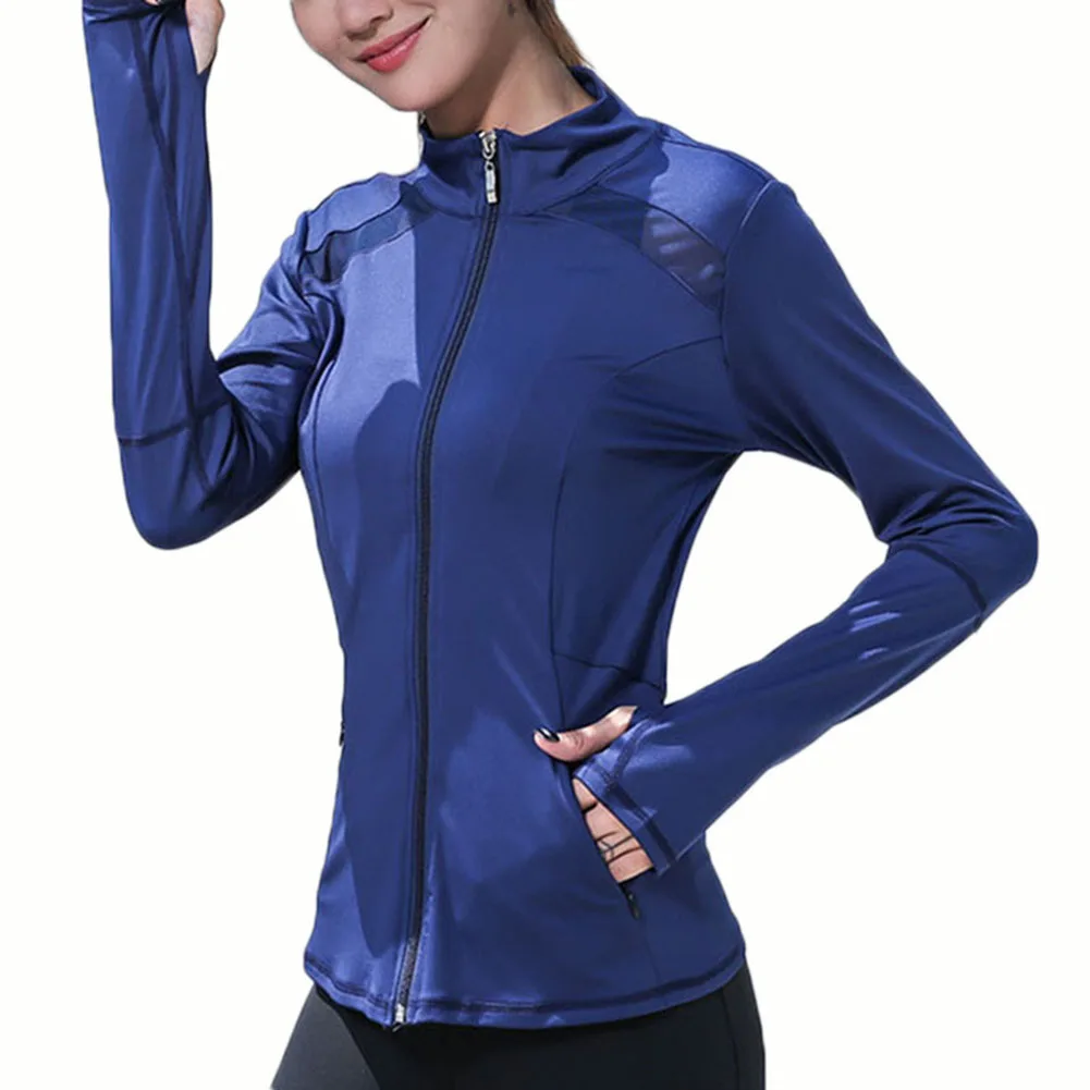 Новая женская спортивная куртка для йоги с длинным рукавом быстросохнущая модная сетчатая одежда для фитнеса - Цвет: Синий