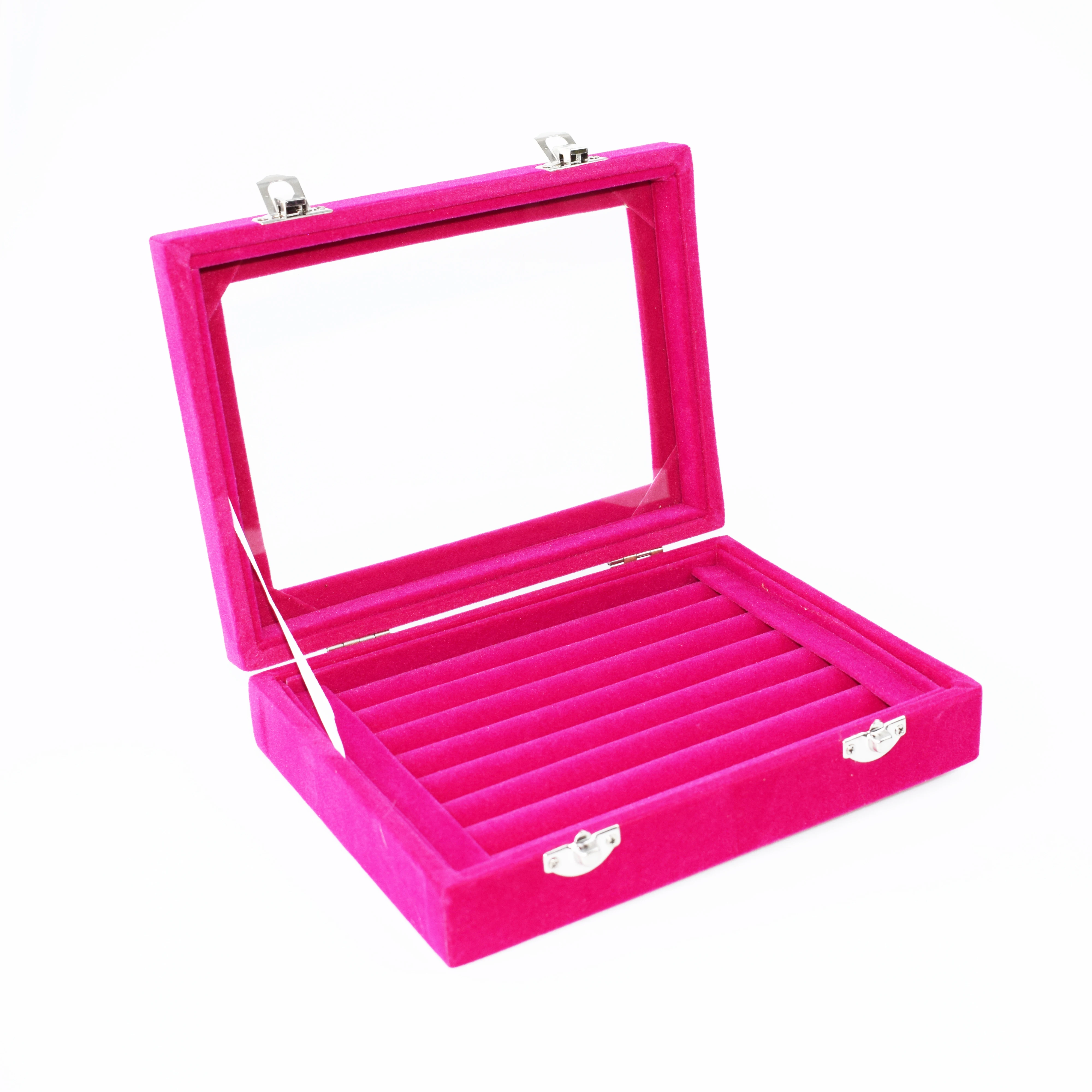 

Hot Pink 7 Slots Velvet Display Case Box Earring Ring Organizer Jewelry Tray Cufflink Storage Showcase with Clear Glass Lid