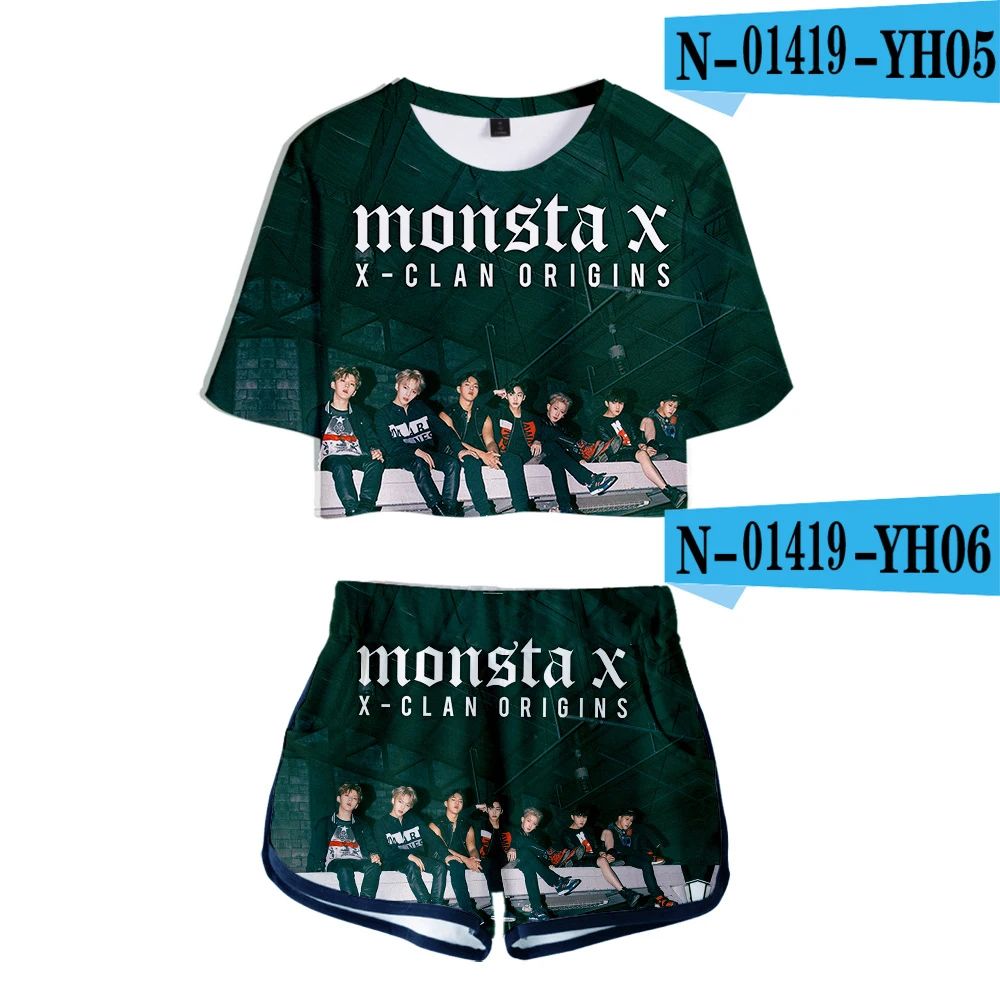 Горячая Распродажа LUCKYFRIDAYF MONSTA X 3D комплект из двух предметов Сексуальная хлопковая Футболка для женщин стиль 3D футболка хип-хоп костюм шорты топы+ шорты - Цвет: N01419