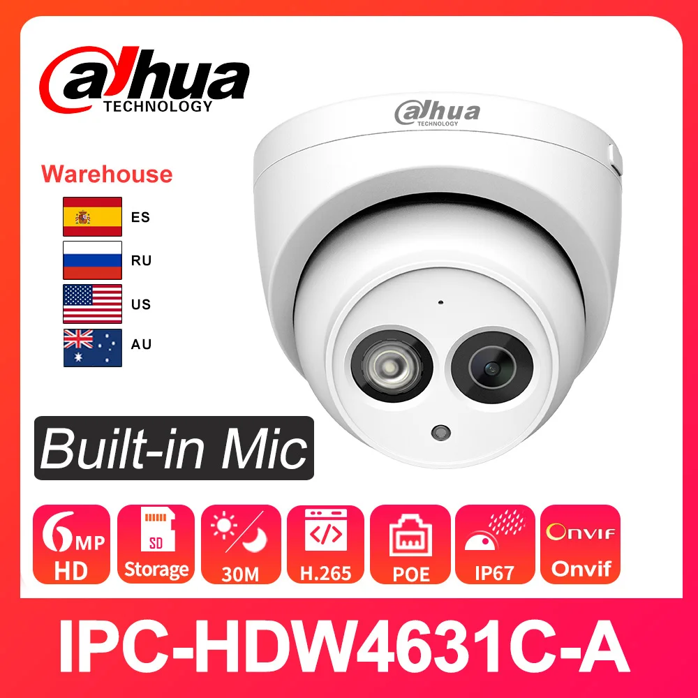 Dahua 6MP HD IP Camera IPC-HDW4631C-A WebCam Surveillance Night Vision IR 30M H.265 PoE Built-in Mic replace IPC-HDW4433C-A