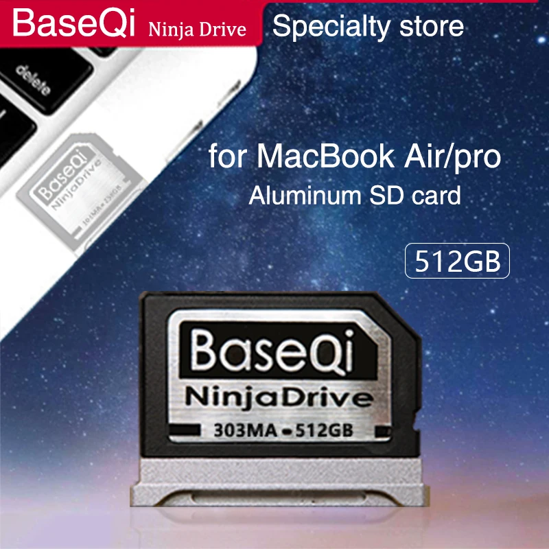 Алюминиевая карта памяти BaseQi NinjaDrive на 512 ГБ SD для MacBook Air 13 дюймов и Pro Retina 13/15