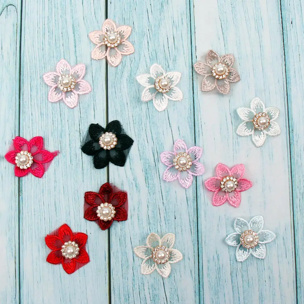 Cheer Bows 10pcs/bag Lace Flowers Patches Pearl Rhinestone Accessories DIY Headwear Accessories Dress Decor Supplies