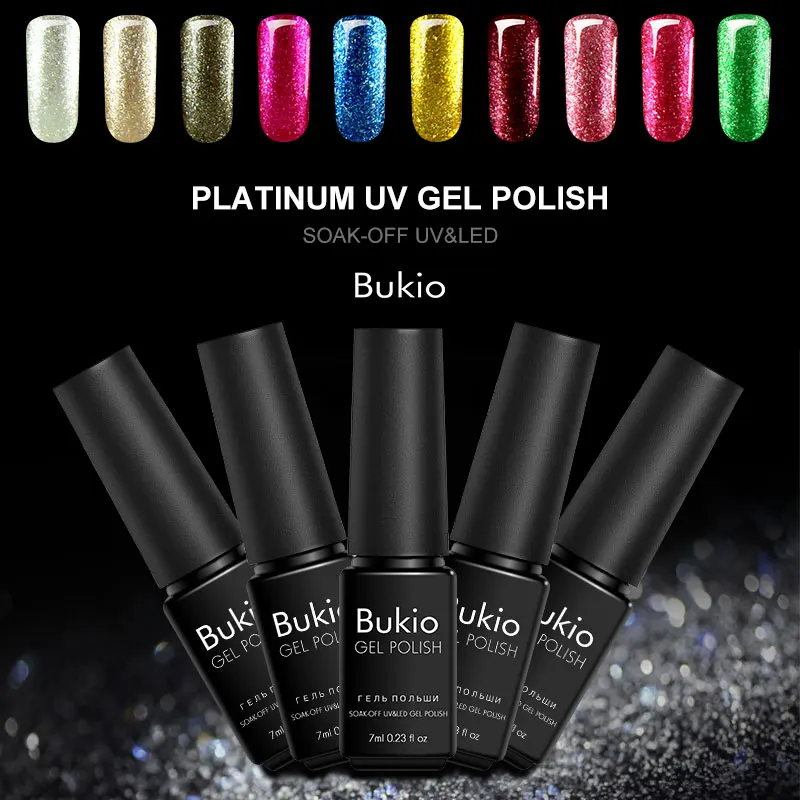 

Bukio 7ml Platinum UV Gel Soak Off UV Gel Enamel Glitter Sand Gold Nail Art Gel Pure Color LED Lamp Semi Permanent Gel Varnish