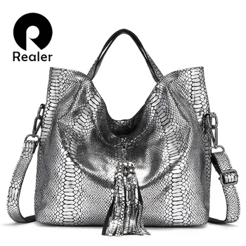 

REALER genuine leather women handbag large capacity tote bag female designer serpentine prints ladies shoulder bags with tassel
