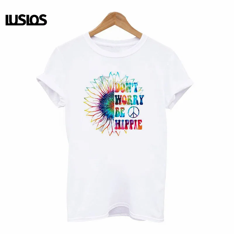 LUSLOS с надписью don't worry be хиппи забавные женские футболка подсолнухом принтом