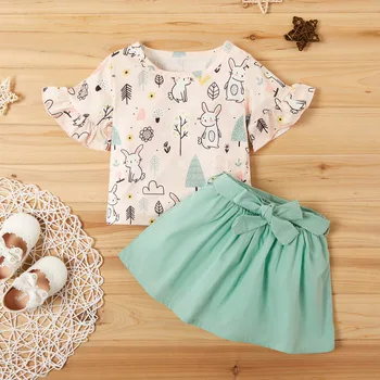 

PatPat 2020 New Summer and Spring 2-piece Rabbit Print Top and Solid Skirt Set Baby & Toddler Girl Sets