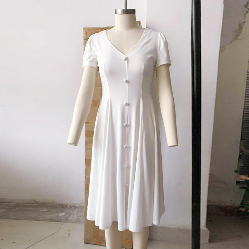 Women\\\'s Plain Dress Summer Casual Pleated Button A-Line Evening Party Wedding