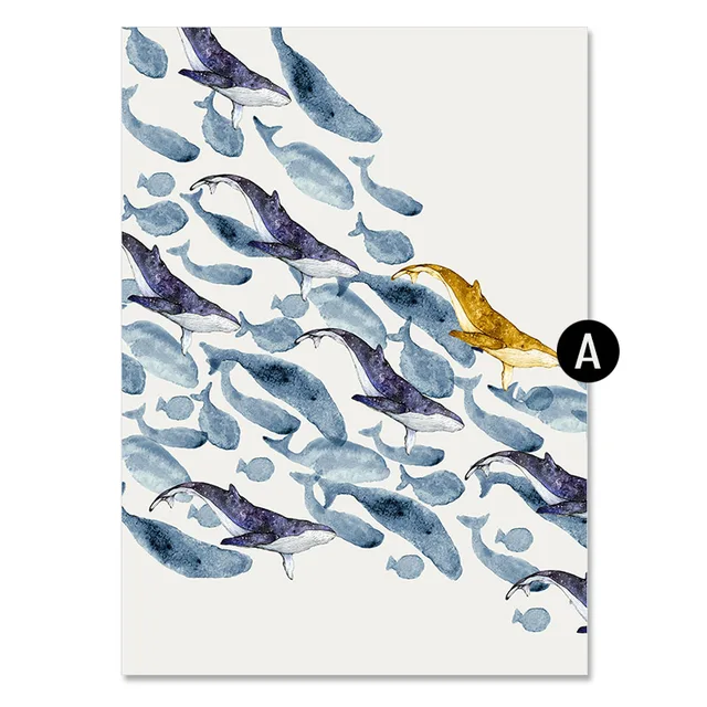 Cartoon Blue and Gold Whales Group Canvas Painting Nordic Poster and Print Wall Art Modern Pictures for Kids' Room Home Decor 1