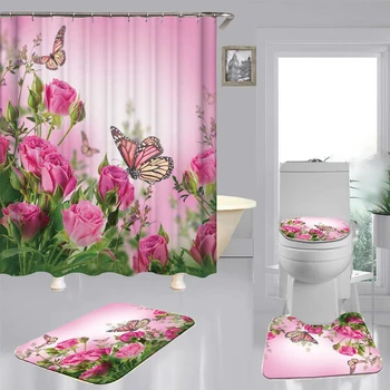 

Pink Rose Butterfly Print Shower Curtain Bath Mat Toilet Lid Cover Bathroom Set High Absorb Water And Dust
