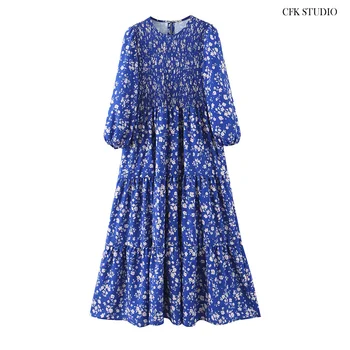 

Women Summer Mididress 2020 New Fashion with O-neck Floral Print Long Sleeve Dress Casual Elegant Long Blue Dress Vestidos