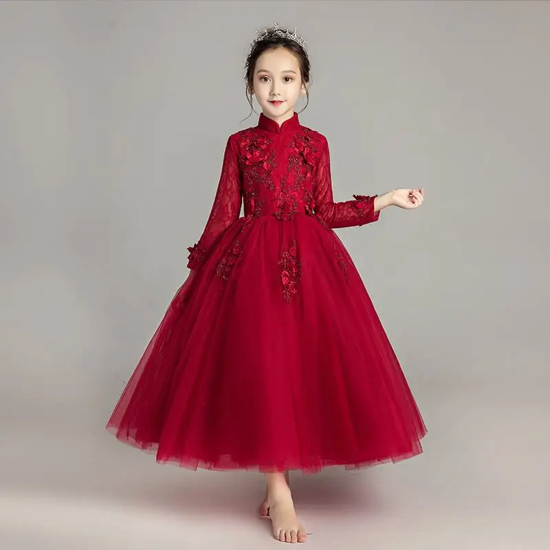 

2019 Kids Girl Elegant Mesh Flower Dress Children Wedding Long Sleeve Party First Communion Prom Ball Gown Princess Dresses F45