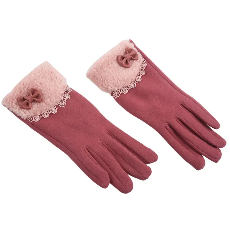 Новые женские зимние перчатки с бантом элегантные теплые модные перчатки женские перчатки с сенсорным экраном кожаные розовые
